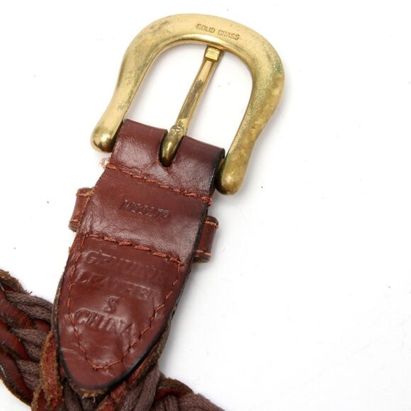 Vintage Leather Braided Belt Solid Brass Buckle Browns Retro Unisex 1990s - Picture 8 of 10